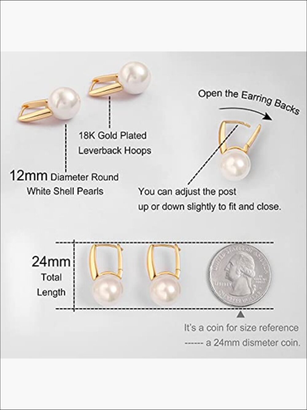 Shell Pearl Drop Dangle Earrings 18K Gold Plated Leverback - Picture 3 of 7